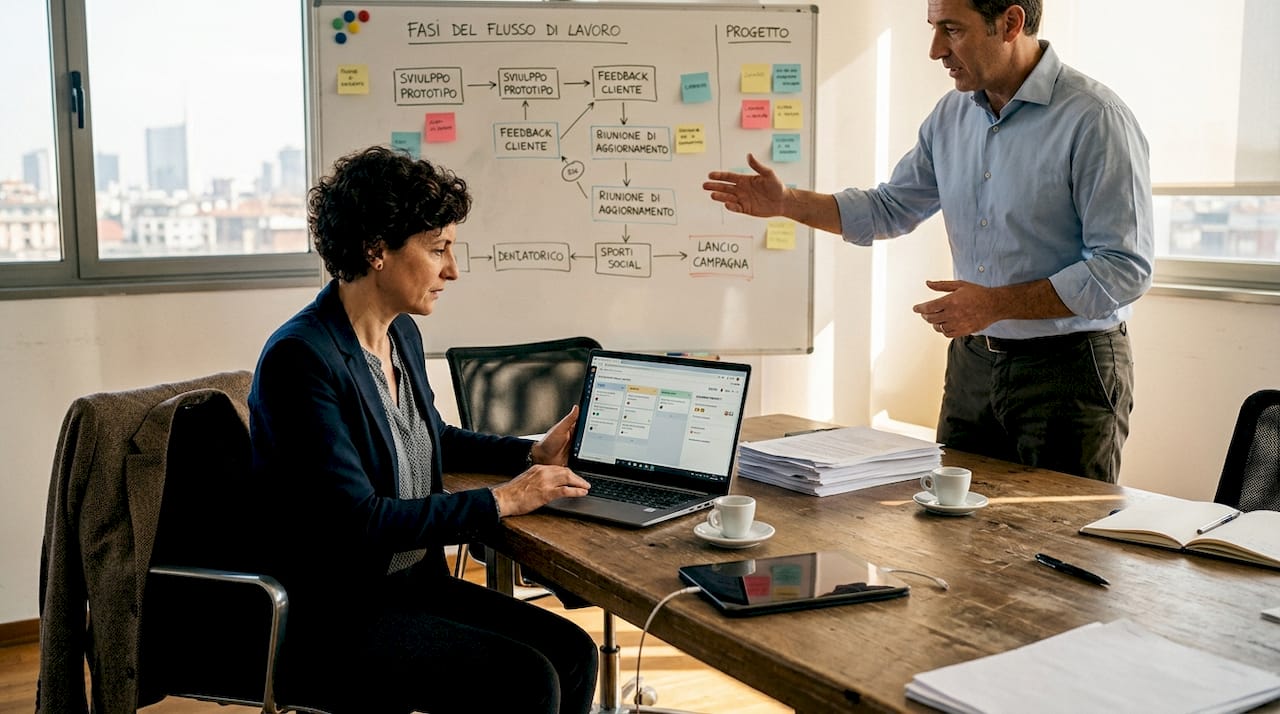 Un piccolo gruppo di lavoro si confronta in ufficio per definire la strategia tecnologica.